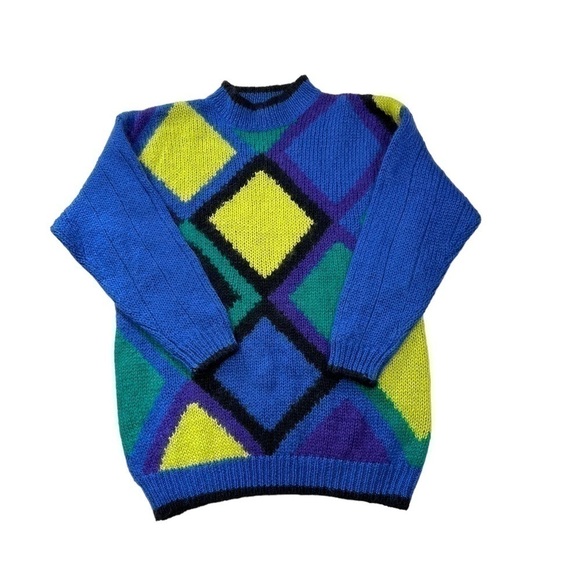 Mohair Blend Colorful Fuzzy Diamond Print Long Tunic Sweater 80s 90s - Picture 1 of 12